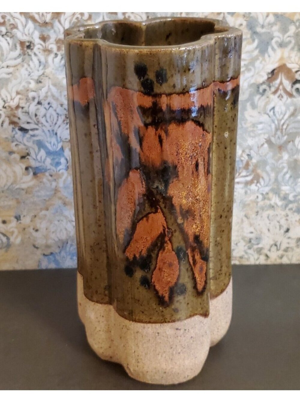 MCM Studio Art Pottery Vase Abstract Green Rust Glaze Makers Mark 8"